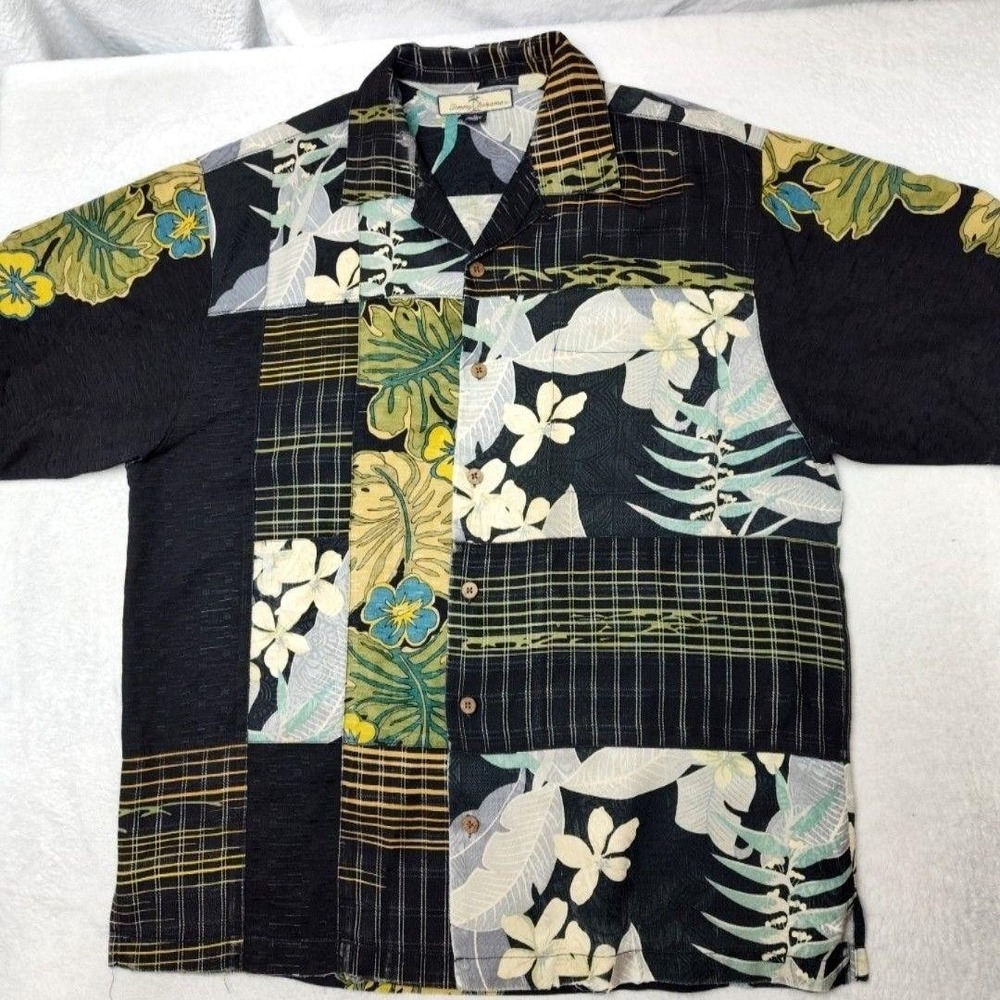 Tommy Bahama Shirt‎ Mens M Black Floral Patchwork Hawaiian Silk Relaxed Summer